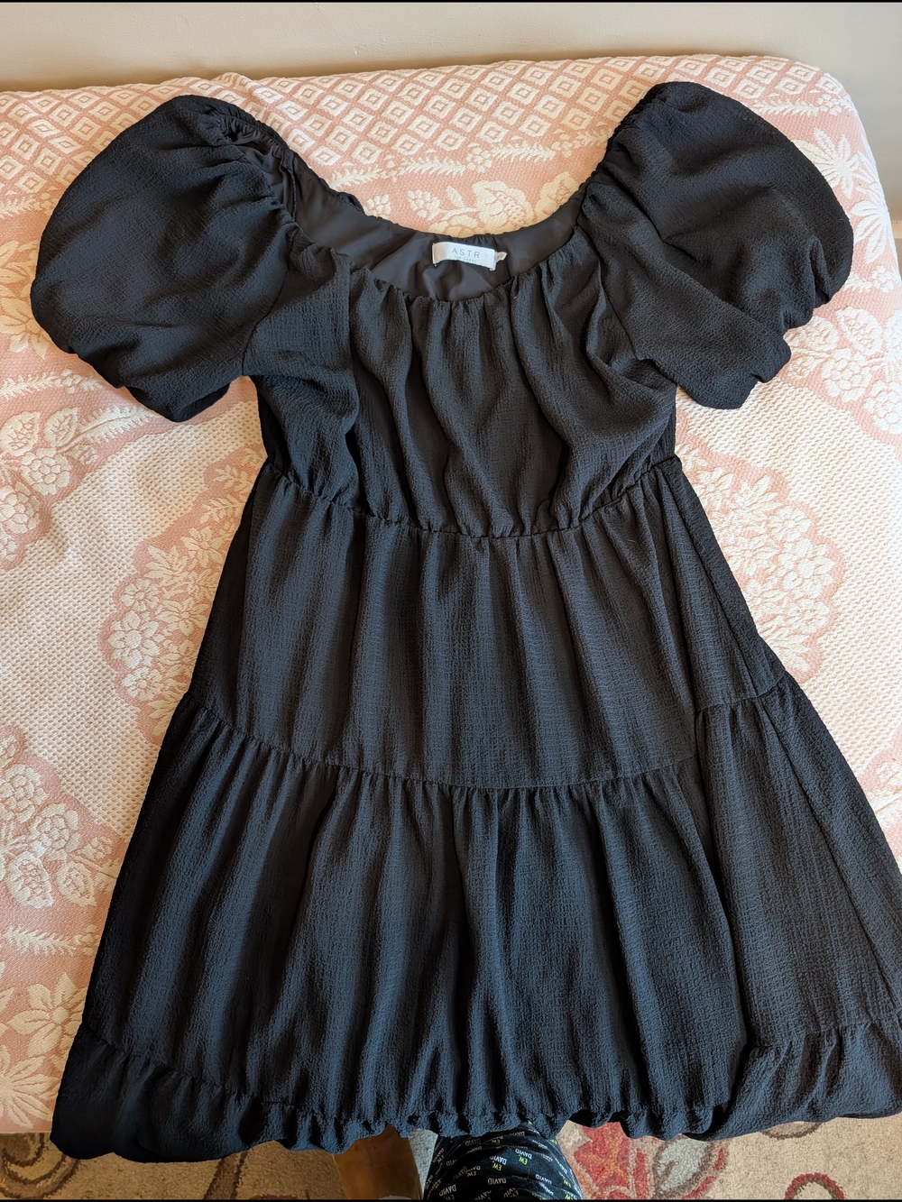 Astr Black Elastic Neckline Dress with Puff Detail